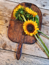 Load image into Gallery viewer, French Farmhouse Chopping Board Charcuterie Pizza Cheese board bread board or baking board for sourdough bread chopping board on french farmhouse table with fresh sunflowers french country rustic kitchen dusty gems interiors nantwich 