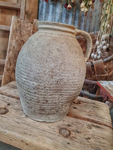 Load image into Gallery viewer, Antique French Rustic Sandstone Pitcher Stoneware Farmhouse Jug on french country furniture french baskets in the background french country kitchen confit pot stoneware Dusty gems interiors nantwich 