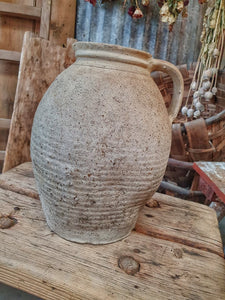 Antique French Rustic Sandstone Pitcher Stoneware Farmhouse Jug on french country furniture french baskets in the background french country kitchen confit pot stoneware Dusty gems interiors nantwich 