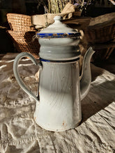 Load image into Gallery viewer,  Rustic French Enamel Cafetiere Coffee Pot French Farmhouse table vintage french linen with lavender french farmhouse baskets fresh coffee dusty gems interiors nantwich