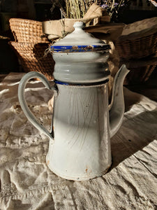  Rustic French Enamel Cafetiere Coffee Pot French Farmhouse table vintage french linen with lavender french farmhouse baskets fresh coffee dusty gems interiors nantwich