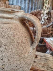 Antique French Rustic Sandstone Pitcher Stoneware Farmhouse Jug on french country furniture french baskets in the background french country kitchen confit pot stoneware Dusty gems interiors nantwich