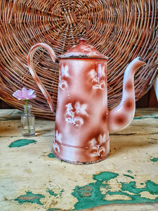 Vintage French Country Enamel Coffee Pot Rustic on chippy paint french farmhouse table french basket behind brown and white coffee pot with roses design french country kichen cottage core slow living dusty gems interiors nantwich 