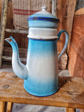 Load image into Gallery viewer, French country Rustic blue and white  Enamel cafetiere Coffee Pot aga cookware real ground coffee coffee drinker Dusty Gems interiors nantwich