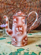 Load image into Gallery viewer, Vintage French Country Enamel Coffee Pot Rustic on chippy paint french farmhouse table french basket behind brown and white coffee pot with roses design french country kichen cottage core slow living dusty gems interiors nantwich 
