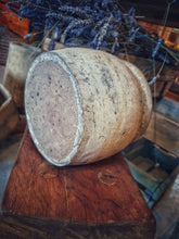 Load image into Gallery viewer, French country Antique Confit pot Rustic Farmhouse primitive olive oil storage jar sitting on french country made wooden farmhouse stool with old antique wooden crates and dried lavender in the background dusty gems interiors nantwich