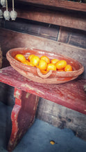 Load image into Gallery viewer, French Antique 19th Century Gassoutlet Dairy Bowl rustic Farmhouse provence pottery brown glazed terracotta sitting on red painted french farmhouse bench primitive wooden kitchen behind bowl is filled with oranges dusty gems interiors nantwich 