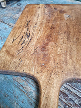Load image into Gallery viewer, Antique French Country Elm Chopping Board Rustic Charcuterie french country painted furniture french country kitchen table blue painted table sourdough bread home baked bread fresh bread home made bread old elm cutting board board