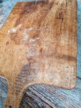 Load image into Gallery viewer, Antique French Country Elm Chopping Board Rustic Charcuterie french country painted furniture french country kitchen table blue painted table sourdough bread home baked bread fresh bread home made bread old elm cutting board board