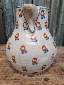 French Country Pottery Pitcher Jug Tin Glazed Hand Painted perfect for french country kitchen antique hand painte potter ceramic french farmhouse pottery pitcher jug. on french farmhouse elm table