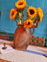 Load image into Gallery viewer, Antique French Country Storage Pot Primitive Rustic Farmhouse Pottery 19th century french village made pottery handmade with fresh cut sunflowers Dusty Gems Interiors Nantwich