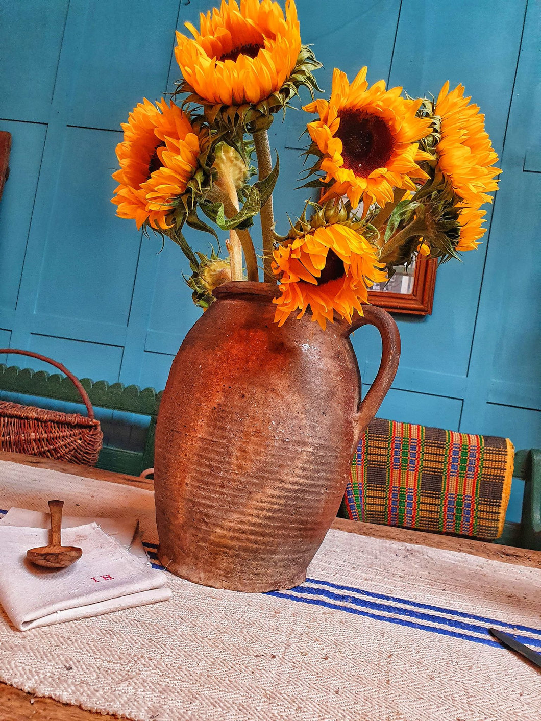 Antique French Country Storage Pot Primitive Rustic Farmhouse Pottery 19th century french village made pottery handmade with fresh cut sunflowers Dusty Gems Interiors Nantwich