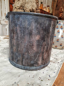 Vintage French Paint Kettle Industrial rustic Modern rustic filled with fresh lavender on french country kitchen table infront of antique french bee hive and french country pottery. perfect for the cottage core aesthetic dusty gems interiors nantwich