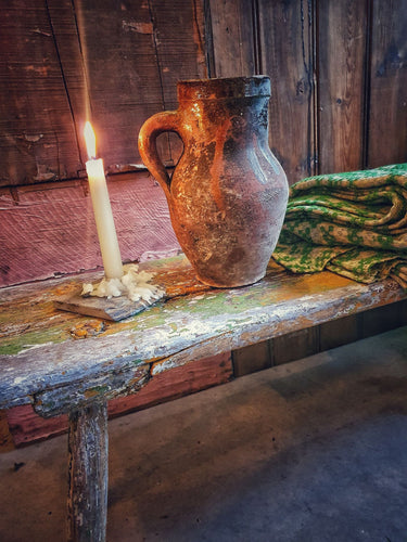 Antique French Storage Jar Confit Pot olive jar 19th Century Rustic Farmhouse by candle light on swedish country painted bench dusty gems interiors nantwich cheshire 