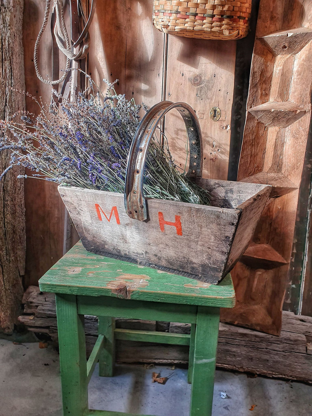 French Vintage Farm Trug Or Panier rustic  farmhouse french country kitchen Lavender bunches country cottage dusty gems interiors nantwich french rustic 
