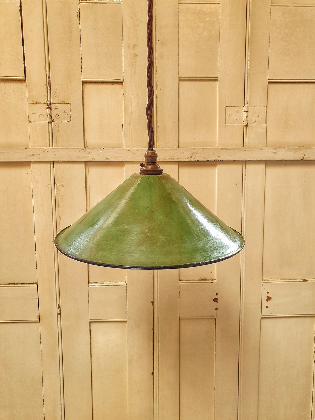 Vintage French country kitchen cottage style Green enamel pendant brown three core braided cable french painted shutters rustic kitchen painted french furniture Dusty Gems interiors nantwich 