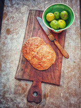 Load image into Gallery viewer, KFrench Antique  Country Farmhouse  Chopping Board on Antique  Rustic itchen primitive Table sourdough bread and bread knife French country pottery green glazed bowl with Limes Dusty Gems Interior shop Nantwich 