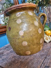 Load image into Gallery viewer, Antique Rustic Hungarian green jug confit pot olive jar  With Folk Art Decoration primitive Farmhouse sitting on antique swedish country pink painted cupboard with 19th century  french mirror behind.Dusty gems interiors nantwich