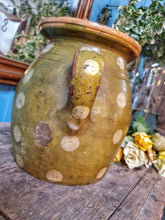 Load image into Gallery viewer, Antique Rustic Hungarian green jug confit pot olive jar  With Folk Art Decoration primitive Farmhouse sitting on antique swedish country pink painted cupboard with 19th century  french mirror behind.Dusty gems interiors nantwich