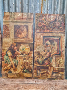 Two outstanding antique  Italian 18th Century Painted Furniture Panels oil on wood paintings italian art unique interior and unframed original art dusty gems ineriors nantwich 18th century european artwork  