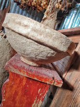 Load image into Gallery viewer, Vintage Indian Paper Mache Bowl Rustic Mediterranean Beach House sitting on Swedish country red painted bench with french 19th centruy beehives in the background Dusty Gems Interiors Nantwich