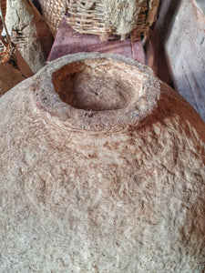 Vintage Indian Paper Mache Bowl Rustic Mediterranean Beach House sitting on Swedish country red painted bench with french 19th centruy beehives in the background Dusty Gems Interiors Nantwich