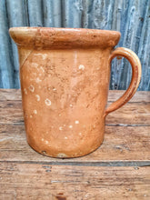 Load image into Gallery viewer, Antique French Country Pottery Jaspe De Savoic Milk Pitcher Jug handpainted french country pottery on french farmhouse table rustic pottery worn french ceramics from the French Alps old french linen