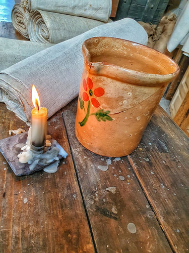 Antique French Country Pottery Jaspe De Savoic Milk Pitcher Jug handpainted french country pottery on french farmhouse table rustic pottery worn french ceramics from the French Alps old french linen 