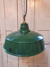 Load image into Gallery viewer, vintage English dark green enamel factory pendant lamp by Maxlume from the 1940s. industrial vintage light with 3 core drown braided flex dusty gems interiors nantwich