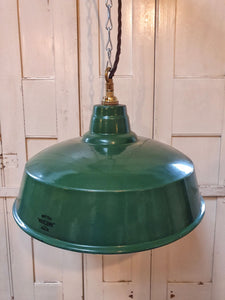 vintage English dark green enamel factory pendant lamp by Maxlume from the 1940s. industrial vintage light with 3 core drown braided flex dusty gems interiors nantwich