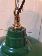 Load image into Gallery viewer, vintage English dark green enamel factory pendant lamp by Maxlume from the 1940s. industrial vintage light with 3 core drown braided flex dusty gems interiors nantwich