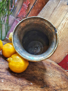Antique French Cream Pot storage pot  Rustic country Farmhouse Confit Pot 19th Century. yellow and green glaze. sitting on french 19th century copping board with lemons and another french farmhouse cutting board in the background dusty gems interiors Nantwich 