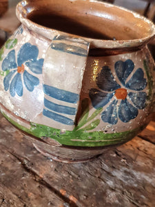 Antique French Hand painted Jaspe Jug Rustic Country Farmhouse 19th century hand painted large french harvest basket in background dusty gems interiors nantwich