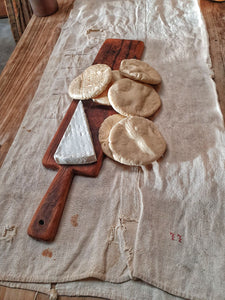 Antique French Country Rustic Oak Chopping charcuterie Board French antique linen with Brie cheese and french farmhouse bread dust gems interiors nantwich 