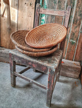 Load image into Gallery viewer,  Rustic  Vintage French Rye Straw Farmhouse Basket on french farmhouse chair French country decor painted rustic furniture egg basket vegtable basket farmhouse decor dusty gems interiors nantwich 