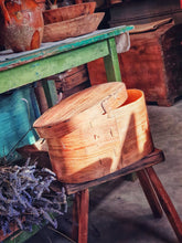 Load image into Gallery viewer, Antique Early Swedish Birch Bentwood Tine Box  rustic scandinavian folk art on farmhouse stool lavender and confit pots french green painted farmhouse preperation table antique Dusty Germs Interiors nantwich 