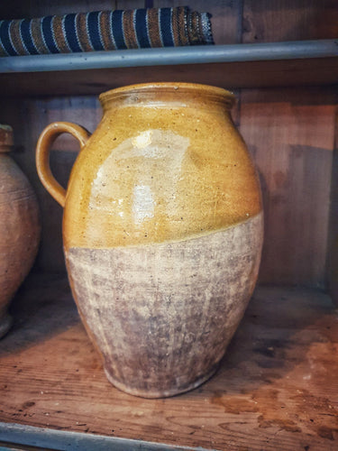 Antique French  Confit Pot Rustic 19th Century Farmhouse Mustard yellow gaze terracotta body french country pottery storage jar olive jar in french farmhouse country cupboard from provence Dusty Gems interiors nantwich.