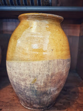 Load image into Gallery viewer, Antique French  Confit Pot Rustic 19th Century Farmhouse Mustard yellow gaze terracotta body french country pottery storage jar olive jar in french farmhouse country cupboard from provence Dusty Gems interiors nantwich.