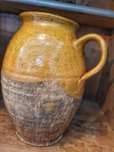 Antique French  Confit Pot Rustic 19th Century Farmhouse Mustard yellow gaze terracotta body french country pottery storage jar olive jar in french farmhouse country cupboard from provence Dusty Gems interiors nantwich.